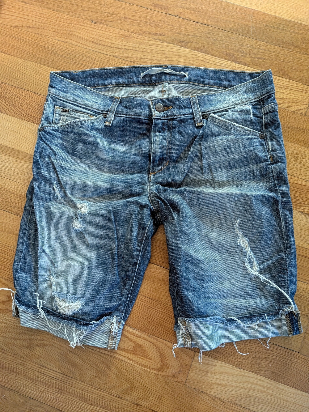 Medium Wash Denim Shorts with Frayed Waistband Detail